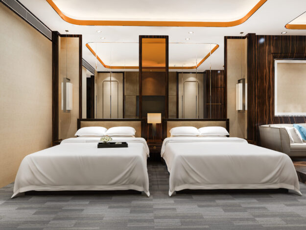 3d rendering luxury bedroom suite in resort hotel with twin bed and living 3d rendering luxury bedroom suite in resort hotel with twin bed and living