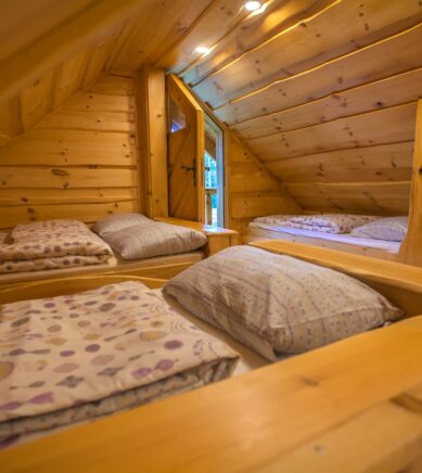 The interior of a log cabin accommodation at Lake Bloke, Nova Vas, Slovenia