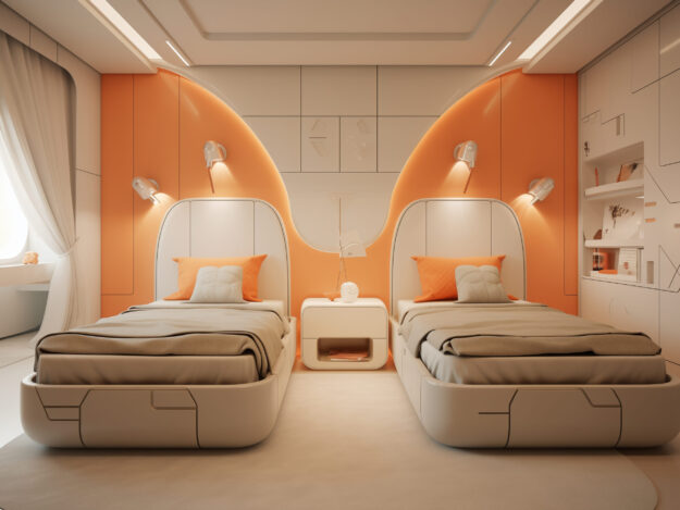 view-bedroom-with-futuristic-decor-style 2 twin beds in a modern kids' bedroom, in the style of orange and beige, lifelike renderings, cubist planes, highly realistic, decorative, dreamlike quality, decorative style --ar 4:3 --v 5.2 Job ID: ba8c8d43-9b41-4d0e-b126-23f3dede0185